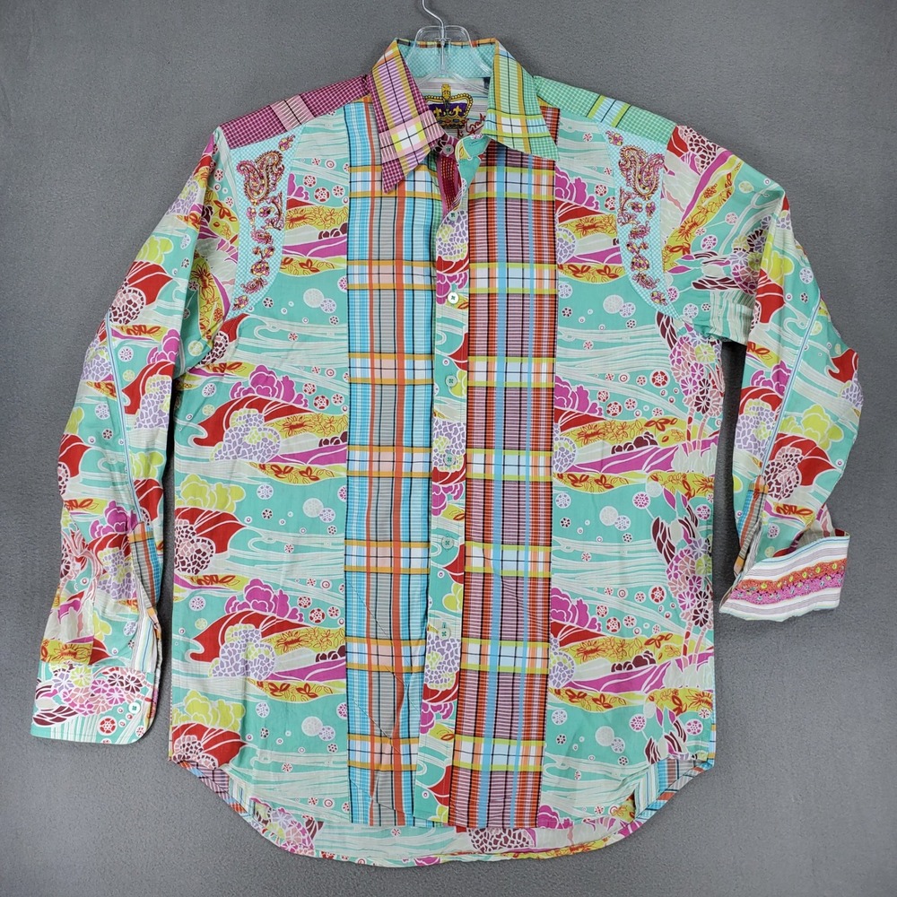 Robert Graham Button Down Shirt Mens M Multicolor Mixed Print Plaid Paisley Art
